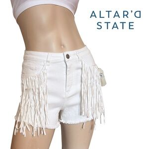 Altar'd State Fringe Shorts Hippie Stretch Denim Cowboy Moto Hi Waist Distressed